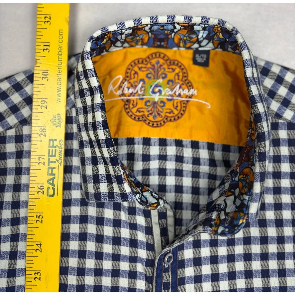 Robert Graham Mens XL Gingham Button Down‎ Shirt Navy White Stained Glass Trim